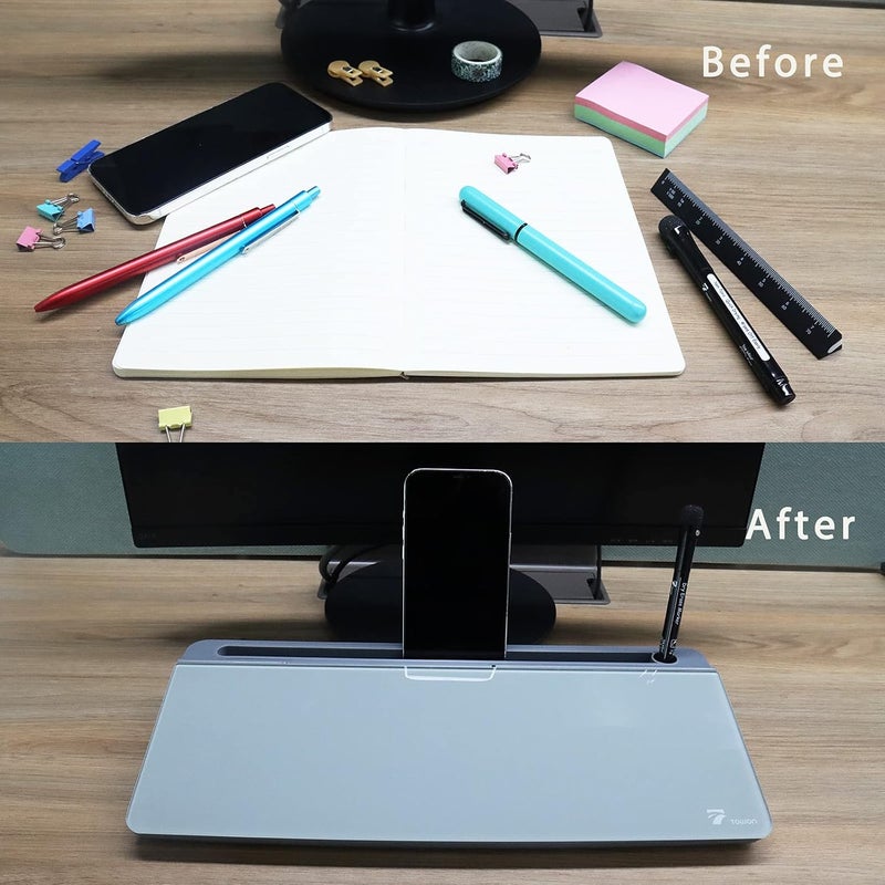 TOWON Small Tilted Desktop Glass Whiteboard, Notepad Computer Keyboard Stand with Dry Erase Board Surface, Desk Organizers with Accessories for Office, Home, School Supplies, Gray, 17 x 6 Inches - Image 2